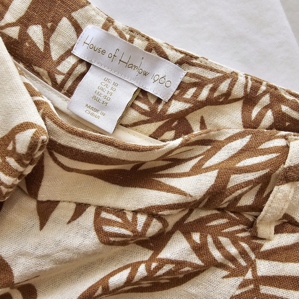 House of Harlow 1960 Cream | Tan Leaf Print Linen Pleated Straight Pants 10 - Picture 6 of 7